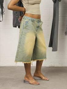 COUREZ 低腰长款水洗牛仔短裤/Y2K出街穿搭可爱性感度假装女式街头复古阔腿裤 - 淺色水洗藍 - 查看 4