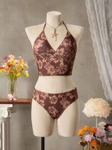 SHEIN Swim 女式花卉印花吊带背心两件套泳衣套装，随机印花 - 乾枯玫瑰色 - 查看 8