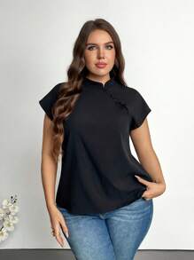 Firerie Plus Size Elegant Commuter New Chinese Style Mandarin Collar Sleeveless Drop Shoulder Mini Flutter Sleeve Fitted White Blouse