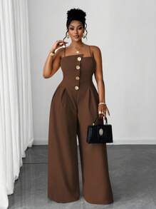 Maweii 大码无袖单排扣百褶宽松时尚金属纽扣连体裤 - 棕色 - 查看 1
