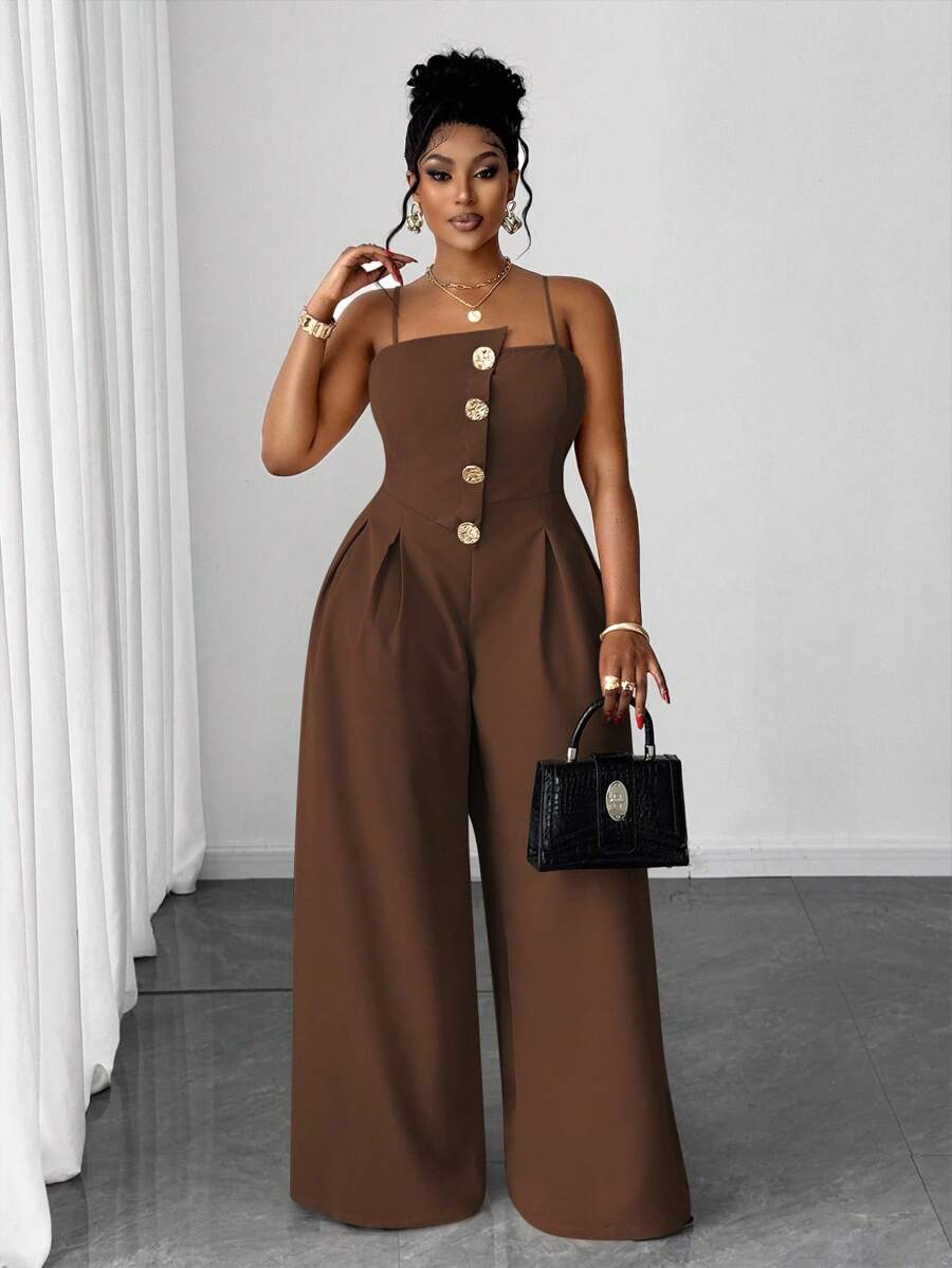Maweii 大码无袖单排扣百褶宽松时尚金属纽扣连体裤 - 棕色 - 查看 1