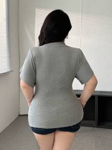 Vibekara 深V领收腰休闲女式上衣T恤 - 灰色 - 查看 2