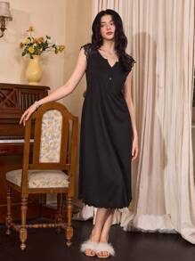 Côtesoire 法式 V 领蕾丝花边仿领装饰纽扣女式休闲睡袍 - 黑色 - 查看 4