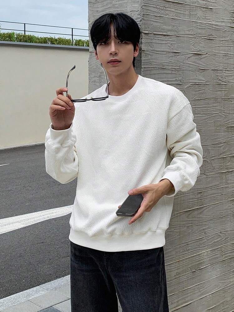 Men's Solid White Textured Fabric Pullover Sweatshirt, Autumn