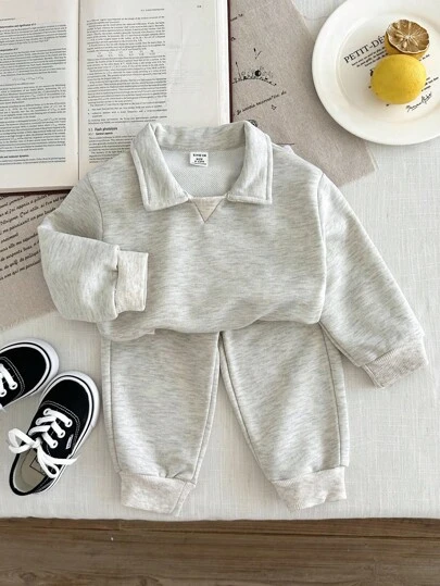 SHEIN 2pcs Baby Boy Toddler Newborn 0-3 Years Old Casual Oatmeal Polo Collar Sweatshirt + Pants Set, Comfortable Outfit For Daily Wear & Outings, Autumn/Winter Fall