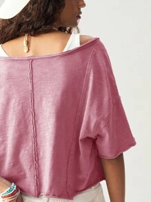 Bohemela 女士休闲纯色V领短袖宽松T恤 - 粉色 - 查看 8