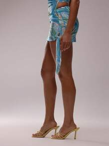 MUSERA 印花网纱系带侧边修身迷你裙（仅下装）夏季度假伊比沙岛优雅可爱海滩节锐舞波西米亚风沙滩装假日晚宴派对狂欢节复活节 - 藍色 - 查看 4