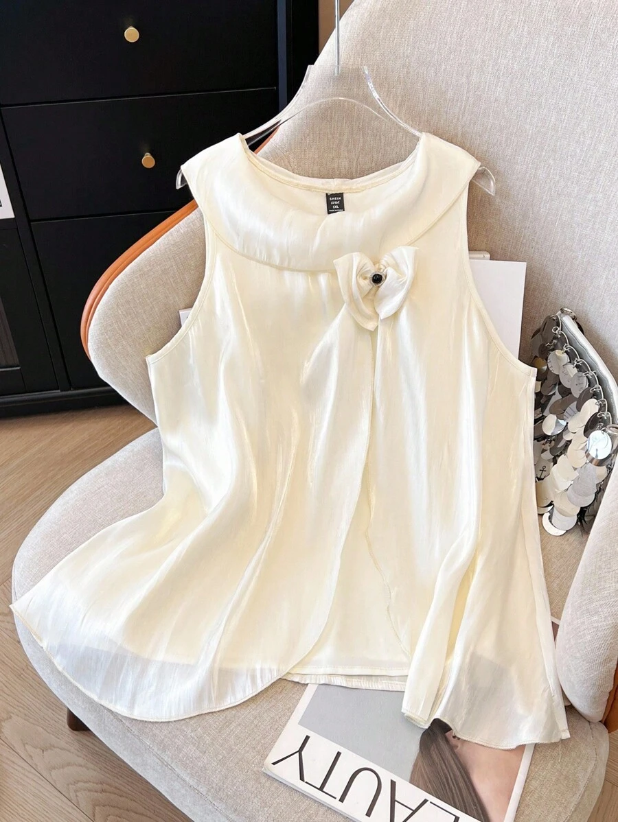 SHEIN Clasi 大码女式无袖圆领优雅飘逸背心，百搭春夏休闲装、日常装、家居装 - 杏色 - 查看 1