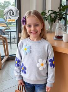 Genkimix Kids 女童幼儿花卉刺绣羊毛圆领卫衣上衣，秋冬 - 灰色 - 查看 3