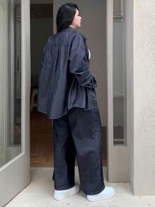 Dazy Plus 2pcs Set: Loose Fit Denim Shirt With Collar & Casual Denim Pants, Suitable For All Seasons, Spring/Autumn,Fall Women Clothes