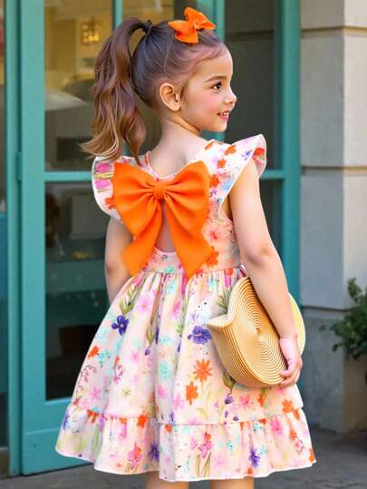 Elladie kids Vestido casual y elegante para niñas con estampado floral, cuello redondo, mangas acampanadas, espalda hueca, lazo decorativo en la cintura, volantes en el bajo, adecuado para vacaciones y viajes, verano