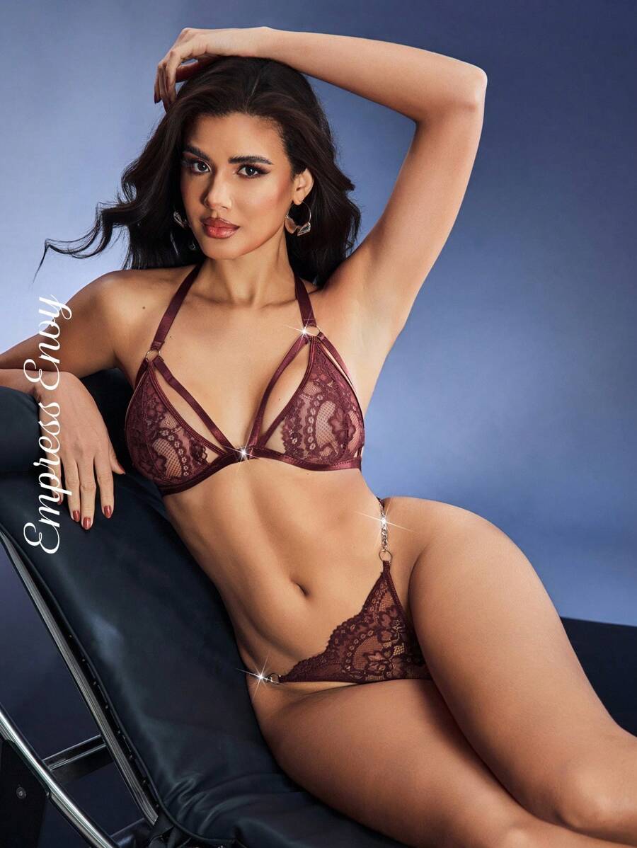 Coffee Brown Lace Halter Lingerie Set With Sheer Details And Ring, Accents Intimate Lace Lingerie Set, Going Out - Coffee Brown - View 1