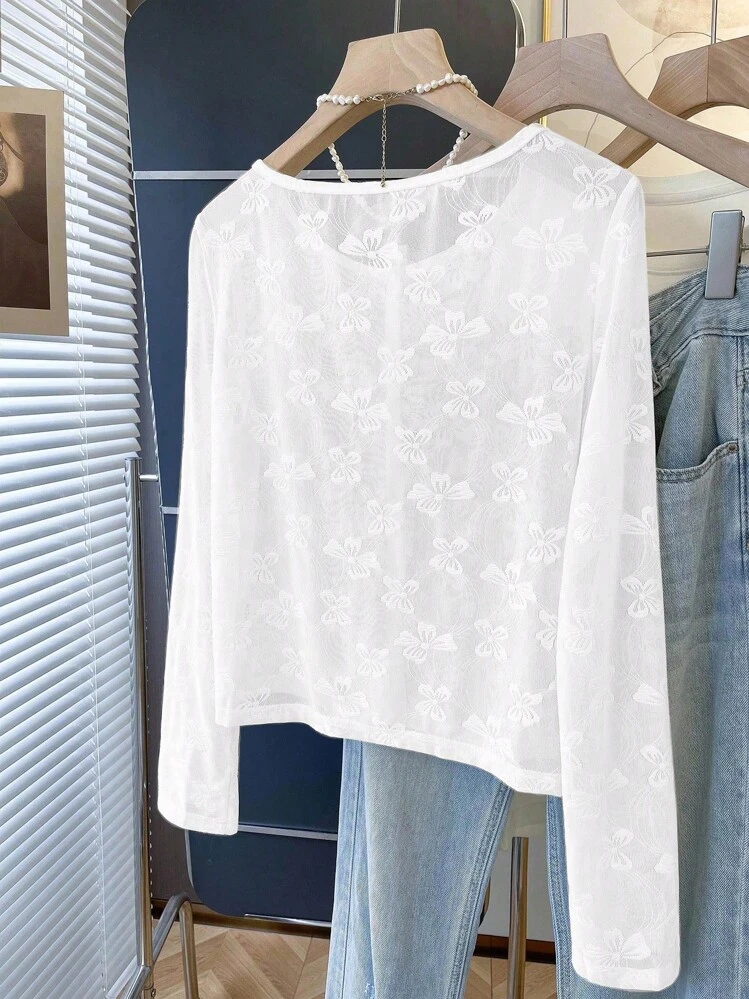 Jaqueta Leve Casual e Versátil com Jacquard de Borboleta para Mulheres - Branco - Visão 2