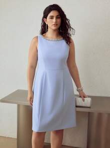 MOTF PREMIUM ROCHIE PÂNĂ LA GENUNCHI, CU DECOR CU MĂRGELE, FĂRĂ MÂNECI, MĂRIME PLUS - Bleu - Vizualizare 7