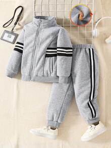 SHEIN Explorewe 2件套男童条纹长袖拉链羊毛夹克和慢跑裤休闲装 - 淺灰色 - 查看 3