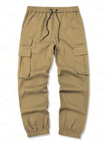 Manfinity Homme 男士休闲街头纯色抽绳腰部翻盖口袋工装裤棕色工装裤男士卡其色工装裤，秋季 - 卡其色 - 查看 3