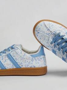 Solezae 女士舒适花卉印花平底日常梦幻休闲基本款可爱 PU 蓝色运动鞋 - 藍色 - 查看 6