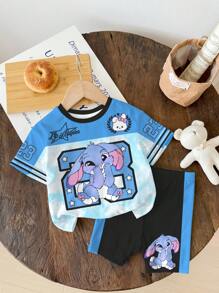 SHEIN Kawaii Cute Cartoon Blue Rabbit Lulu, Stitch Pattern, Fresh Sky Blue Tie-Dye, Street Sporty Vibe Number 23, Young Girl Casual Minimalist Short Sleeve Shorts 2 Piece Set Suitable For Summer, Vacay Vibes, Sunny Journey, Casual Outfits Spring, Summer Getaway, Momentos En Familia, Cute Y2K Coconut Girl Boho Vacation Springbreak Brunch-Ready Baby Blue Girls Trip, Neon Beach Vibes, Bohemian Hippie Music Festival