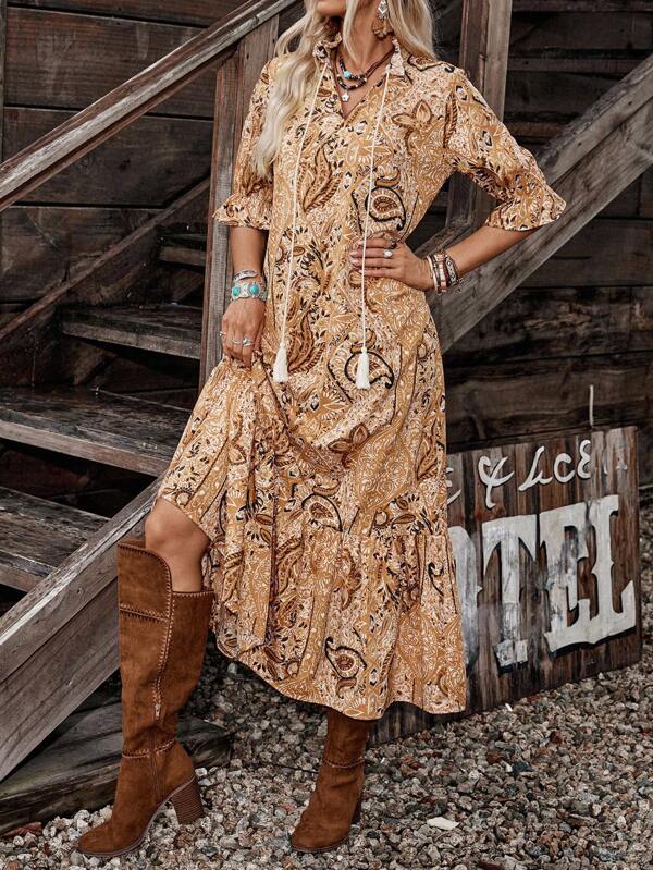 LanaWest Women's Bohemian Style Printed Mid-Sleeve Dress,Ladies Boho Fringe,Ruffle Hem Half Sleeve Tie Neck Loose Long Multicolor Flounce Sleeve All Over Print,Paisley Smock Women Long Dresses,Spring/Fall,Casual Daily Wear Maxi Women Outfit