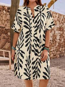 EMERY ROSE 大码女式植物图案V领无袖休闲连衣裙，夏季 - 黑色 - 查看 4