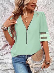 Breezaya Women Casual Vacation Mesh Patchwork Puff Sleeve Blouse - Green - View 4