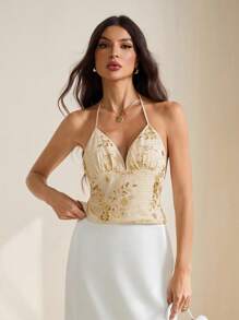 SHEIN Tall Camiseta de mujer elegante y sexy con cuentas, escote halter y espalda descubierta - Beis - Ver 1