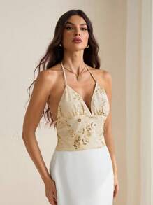 SHEIN Tall Camiseta de mujer elegante y sexy con cuentas, escote halter y espalda descubierta - Beis - Ver 4