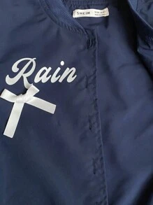 SHEIN 年轻女孩休闲字母蝴蝶结图案前拉链棒球夹克 - 藍白色 - 查看 8