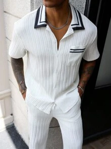 Manfinity Homme 男士撞色短袖衬衫和侧条纹裤套装男士两件套白色白色罗纹套装男士黑白套装 - 彩色 - 查看 5