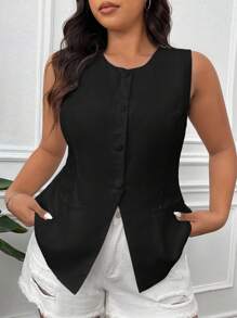 SHEIN EZwear Plus Size Black Sleeveless Casual Waist Coat Vest For Holiday, Spring/Summer,Business Casual Woman Graduation,Back To School,Teacher Outfits For Women In Fall/Winter
