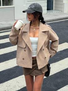 Muchica Fall Clothes Back To School  Casual Women's Khaki Woven Long Sleeve Trench Coat - Khaki - View 6