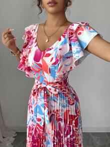 Elenzga 荷叶边袖 V 领度假 A 字腰褶皱优雅浪漫女式连衣裙 - 彩色 - 查看 5