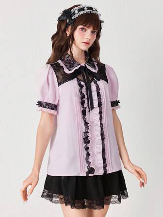 Kawaii Women's Contrast Color Lace Patchwork Puff Sleeve Floral Trim Blouse, Summer