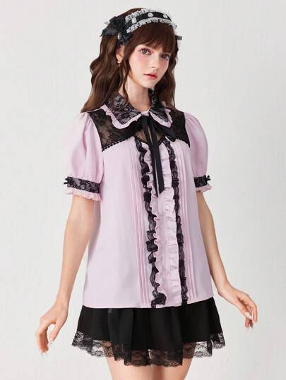 EDITION Blouse d'été pour femmes avec manches bouffantes, empiècements en dentelle bicolore et garniture florale