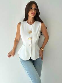 Firerie Women's Elegant Refined Daily Commute Fashion Metal Button Decor Sleeveless Fitted White Shirt Blouse - White - View 5