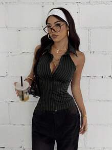 StreetHx 女式街头风格棕色条纹露背无袖衬衫 - 黑色 - 查看 4