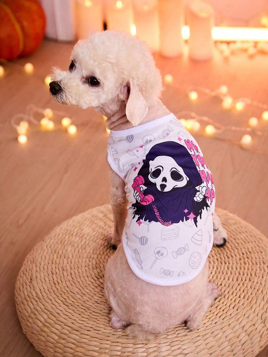 PETSIN Áo ba lỗ Halloween màu trắng hình đầu lâu thần chết dễ thương, nhẹ, thoáng khí, thoải mái cho mèo cưng và chó cưng, áo ba lỗ mặc được 1 chiếc, mới - Nhiều màu - Xem 1