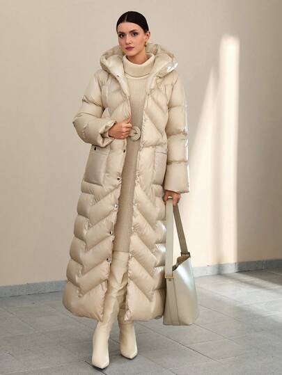 CLARA VERO Women Solid Color Belted And Pocket Detailed Long Winter Coats Long Winter Coat Women Long Puffer Coat Women Long Down Coat Women