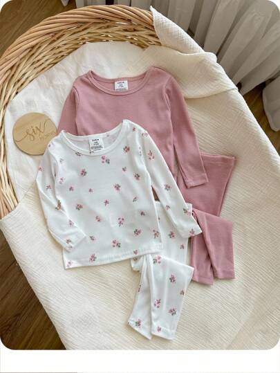 SHEIN 4pcs Baby Girls' Flower Print Long Sleeve Snug Fit Pajama Set & Solid Color Sleepwear Set, Comfortable Home Loungewear, For Christmas
