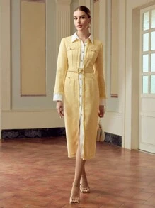 ZEYLAH Women's Elegant Mid-Length Dress With 2 In 1 Design, Long Sleeve, Single-Breasted Fall Cloth For Women