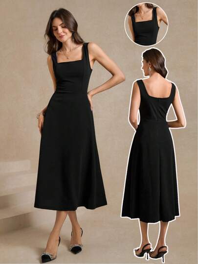 Amorya 女士純色簡約優雅A字無袖連衣裙，時尚夏季