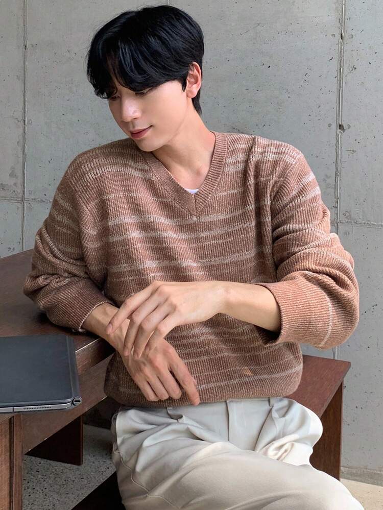 Men's Asymmetrical Striped Sweater, Autumn