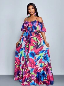 SOLERSUN Plus Size Spring And Summer New Style Lotus Leaf Edge Short Sleeve Lacing Pleated Loose Floor A Hanging Shoulder Dress Elegant Leisure Vacation Sexy Plant Flower Fashion Women's Clothing - Hot Pink - View 6