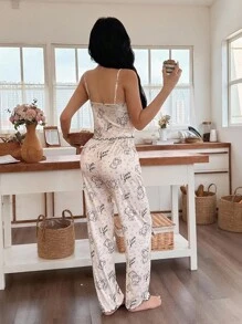 SHEIN Cute Apricot Jacquard Pajama Set With Spaghetti Straps And Lettuce Trim Details Cute Sleepwear Lounge Wear Sets Summer Sleep Dress