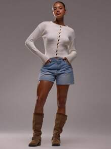 MUSERA 罗纹针织修身长袖开衫，纽扣设计，可爱夏日度假时尚款 - 奶油色 - 查看 3