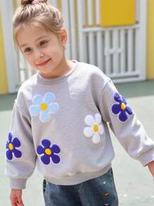 Genkimix Kids 女童幼儿花卉刺绣羊毛圆领卫衣上衣，秋冬 - 灰色 - 查看 8