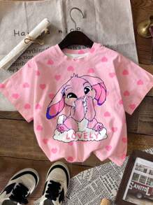 4 件可爱卡通蓝色兔子露露，针迹图案，扎染天蓝色，年轻女孩休闲简约圆领短袖基本款 T 恤，适合春夏季，度假氛围，阳光之旅，休闲春季，夏季度假，可爱的 Y2K 椰子女孩波西米亚假期春假早午餐准备淡蓝色女孩之旅，霓虹海滩氛围，波西米亚嬉皮音乐节，回到学校，2000 年代风格 - 彩色 - 查看 4