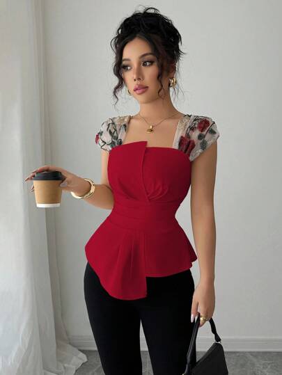 Elenzga Blusa asimétrica de mujer con cintura ceñida, parches y bordados en malla