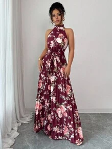 Elenzga 女士无袖露背A字型花卉印花优雅浪漫连衣裙 - 彩色 - 查看 5