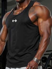 Manfinity Sport Corelite Men's Barbell Print Casual Fitness Workout Black Tank Top Breathable Sweat-Wicking Comfortable Minimalist Design Sleeveless For Workout Training Gym Top Workout Tank Top Men Men Gym Tank Top Muscle Tank Gym Top Sleeveless Gym Shirt - Black - View 3